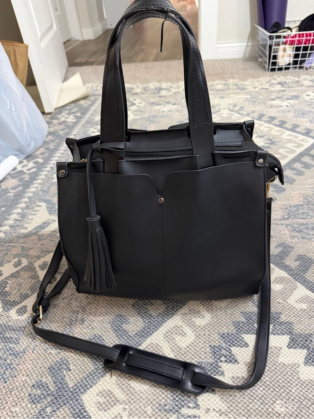 Melie Bianco Vegan Black Structured Tote with Tassel Accent - Women Bags